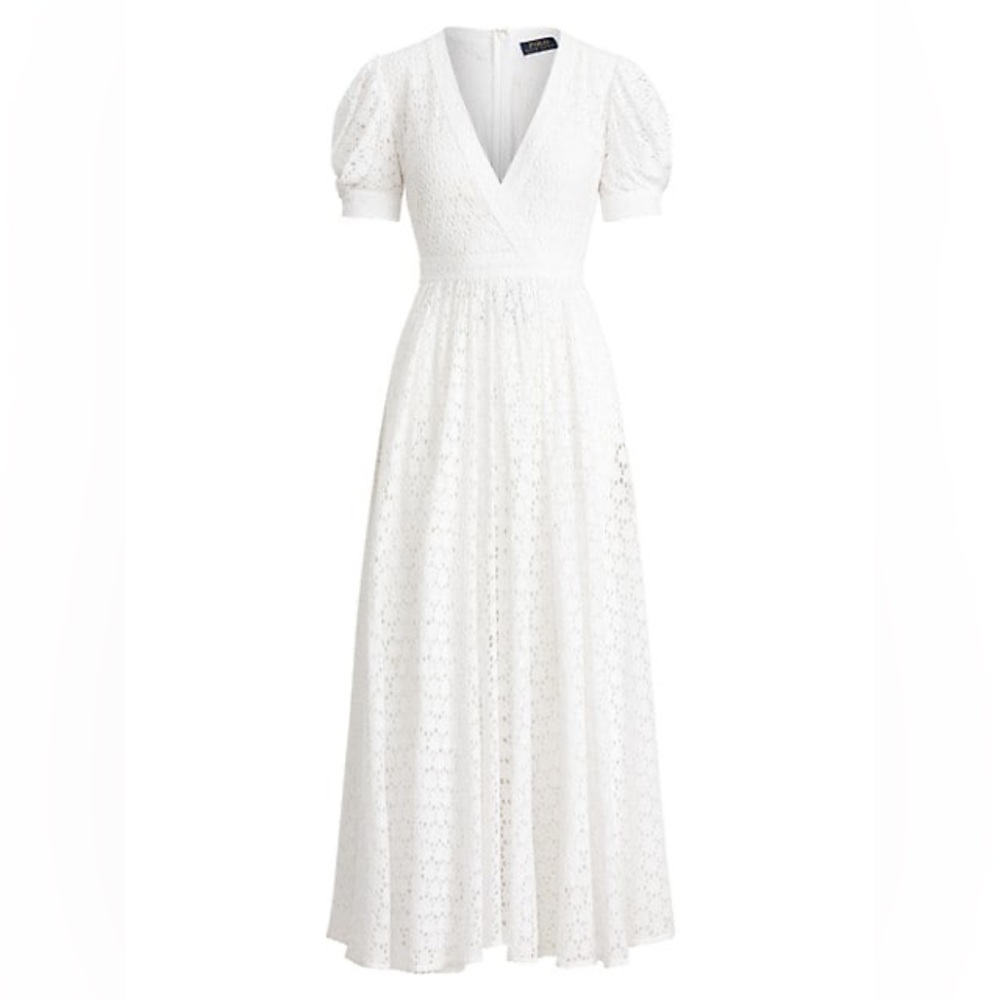 Ralph Lauren Lace Eyelet Short Puff-Sleeve A-Line Dress